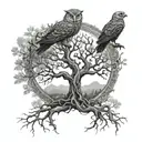 A tree of life tattoo with intricate roots and branches, featuring hidden owl, hawk, and eagle silhouettes within the design tattoo design idea