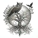 A tree of life tattoo with intricate roots and branches, featuring hidden owl, hawk, and eagle silhouettes within the design tattoo design idea