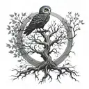 A tree of life tattoo with intricate roots and branches, featuring hidden owl, hawk, and eagle silhouettes within the design tattoo design idea