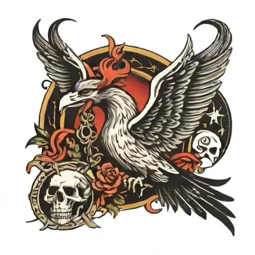 Capricorn with skulls and ravens flying overhead tattoo design idea