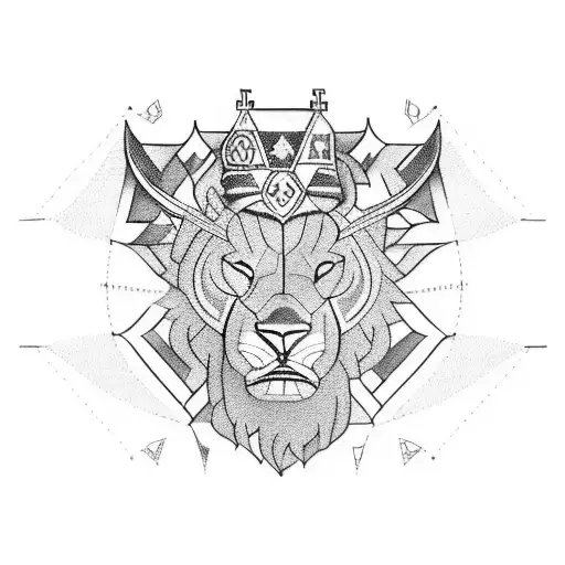 A unique design combining elements of a church and Leo from the Tribe of Judah in a blackwork style tattoo design idea