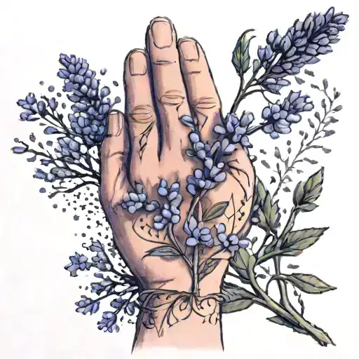 A subtle tattoo of a lavender branch that turns into a gypsophila branch on a woman’s hand tattoo design idea