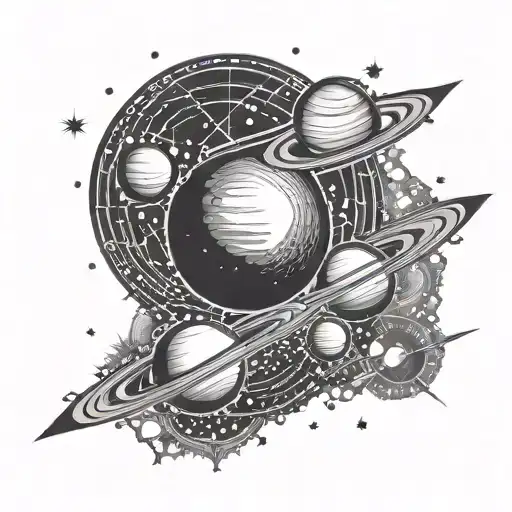 A celestial scene with planets and stars forming binary code in the background tattoo design idea