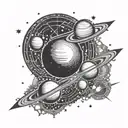 A celestial scene with planets and stars forming binary code in the background tattoo design idea