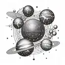 A celestial scene with planets and stars forming binary code in the background tattoo design idea