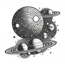 A celestial scene with planets and stars forming binary code in the background tattoo design idea