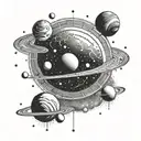 A celestial scene with planets and stars forming binary code in the background tattoo design idea