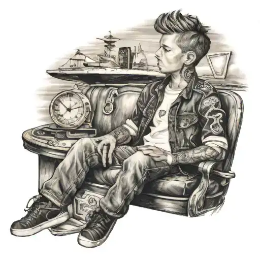A realistic portrait of your son sitting on a cruise ship, showcasing your favorite things in a detailed and lifelike manner tattoo design idea