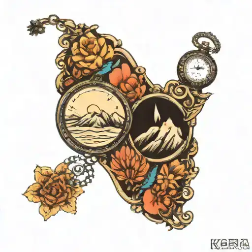 karma pocket watch mountains  tattoo design idea