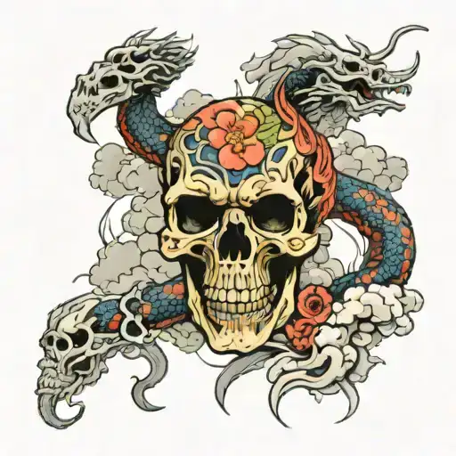 skull and dragon intertwined with japanese clouds surrounding tattoo design idea