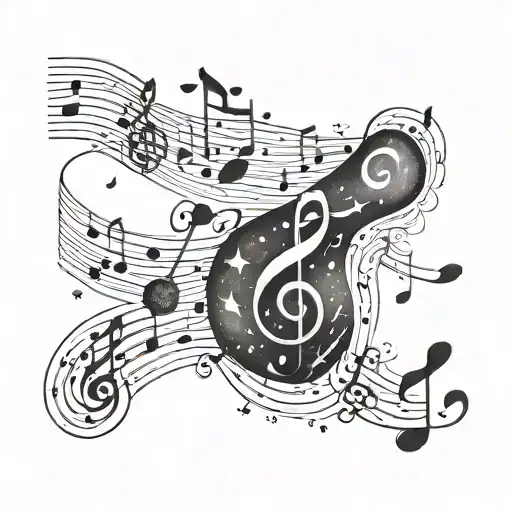 Galactic music notes intertwining with celestial bodies tattoo design idea