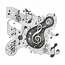 Galactic music notes intertwining with celestial bodies tattoo design idea