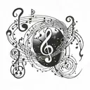 Galactic music notes intertwining with celestial bodies tattoo design idea