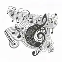 Galactic music notes intertwining with celestial bodies tattoo design idea