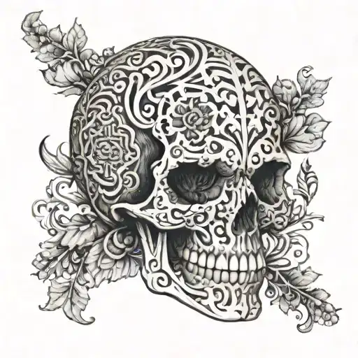 A skull adorned with intricate blackwork patterns inspired by the natural world tattoo design idea