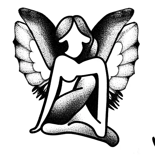 seated angel, with wings, hugging her knees, girl tattoo design idea