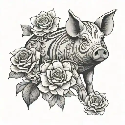 pig and flowers tattoo design idea