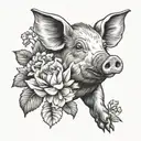 pig and flowers tattoo design idea