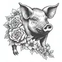 pig and flowers tattoo design idea