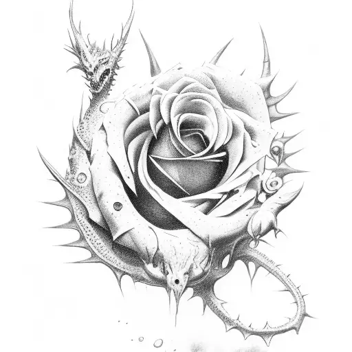 Rose and thorns with zombie dragons tattoo design idea