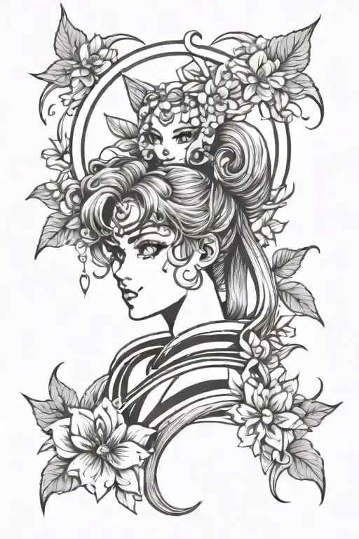 SAILOR MOON AND FLOWERS tattoo design idea