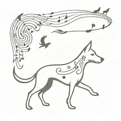 dog and bird with playing music notes tattoo design idea