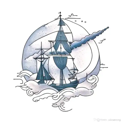 A dreamy scene of a wind moon casting a glow over a ship sailing through a starry sky, symbolizing the seaman's journey through life tattoo design idea