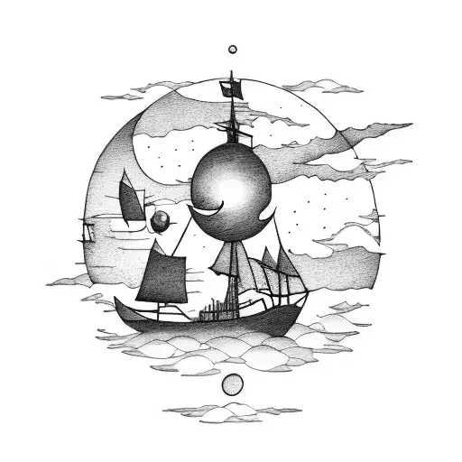A dreamy scene of a wind moon casting a glow over a ship sailing through a starry sky, symbolizing the seaman's journey through life tattoo design idea