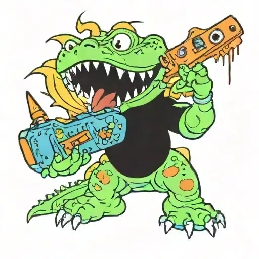 Reptar with an orange Rugrats vcr tape in its mouth tattoo design idea