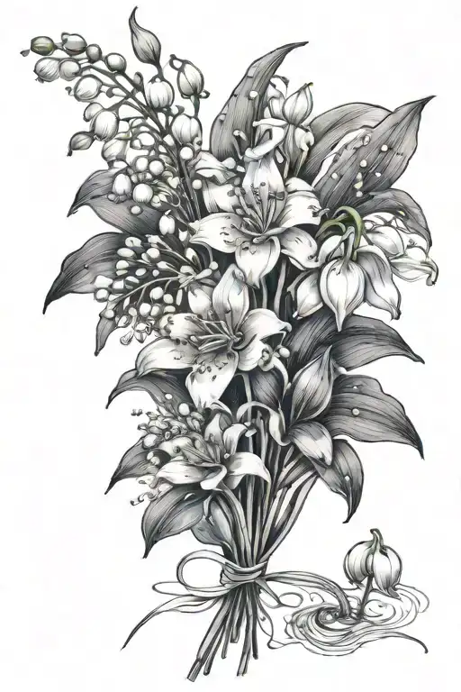lily of the valley flower, snowdrop flower, and water lily flower bouquet tattoo design idea