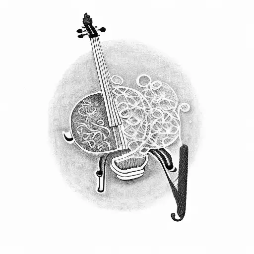 A dotwork design featuring a symphony of musical instruments, including an oud, guitar, and violin tattoo design idea