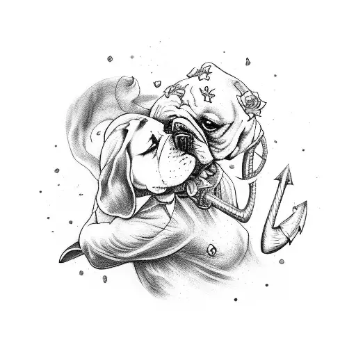 woman hugs anchor, pricks finger on rose, blood drips, bulldogs drink pooled blood, dolphins leap above, mom banner tattoo design idea