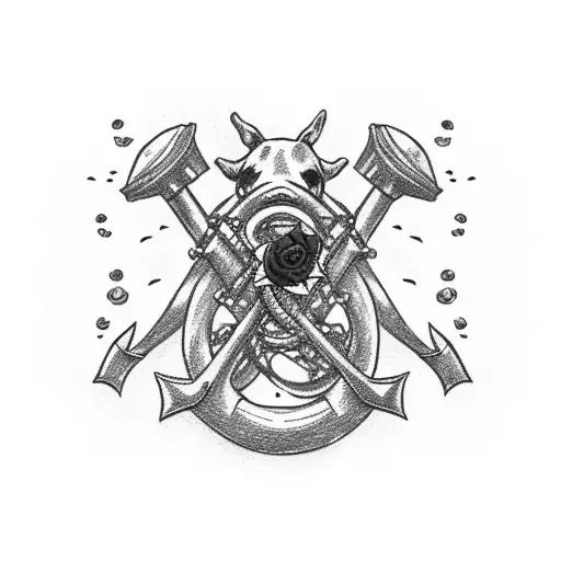 woman hugs anchor, pricks finger on rose, blood drips, bulldogs drink pooled blood, dolphins leap above, mom banner tattoo design idea