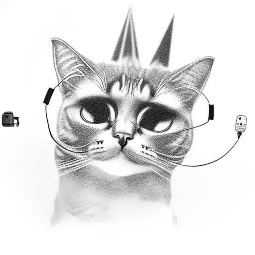 A black-grey tattoo of a cat wearing a superhero cape and flying with a computer mouse as its jetpack. tattoo design idea