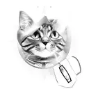 A black-grey tattoo of a cat wearing a superhero cape and flying with a computer mouse as its jetpack. tattoo design idea