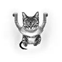 A black-grey tattoo of a cat wearing a superhero cape and flying with a computer mouse as its jetpack. tattoo design idea