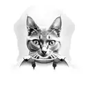 A black-grey tattoo of a cat wearing a superhero cape and flying with a computer mouse as its jetpack. tattoo design idea