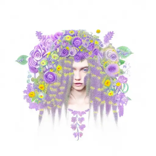 Beautiful girl with long wavy hair. Dressed in purple with flowers in her hair.  tattoo design idea