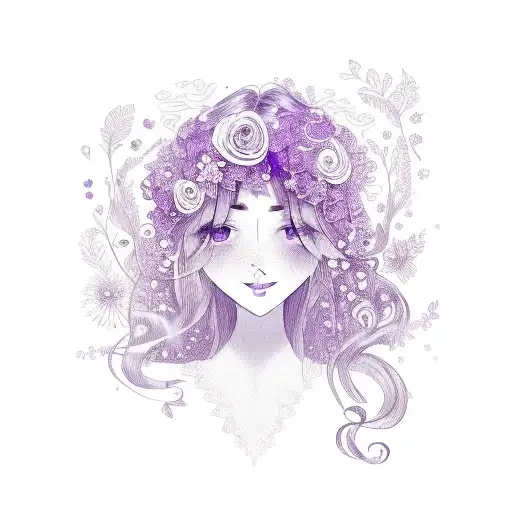 Beautiful girl with long wavy hair. Dressed in purple with flowers in her hair.  tattoo design idea
