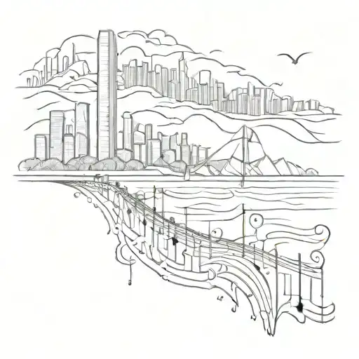 A sketch style tattoo of the Viña Del Mar city skyline with musical notes floating above, representing your connection to the city and music tattoo design idea