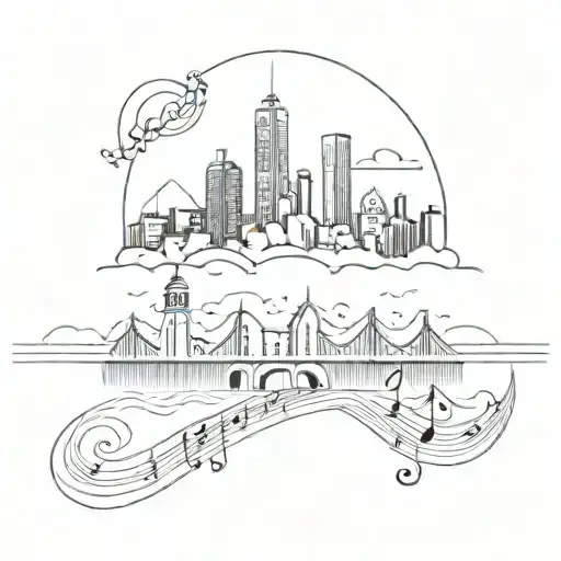 A sketch style tattoo of the Viña Del Mar city skyline with musical notes floating above, representing your connection to the city and music tattoo design idea