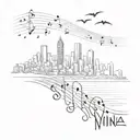 A sketch style tattoo of the Viña Del Mar city skyline with musical notes floating above, representing your connection to the city and music tattoo design idea