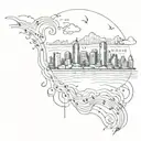 A sketch style tattoo of the Viña Del Mar city skyline with musical notes floating above, representing your connection to the city and music tattoo design idea