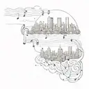 A sketch style tattoo of the Viña Del Mar city skyline with musical notes floating above, representing your connection to the city and music tattoo design idea