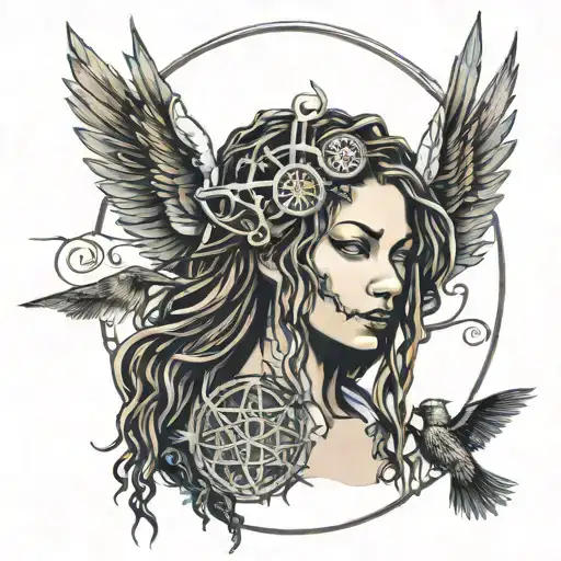 dreadlock woman angel and alchemist symbols  with tree of life  tattoo design idea