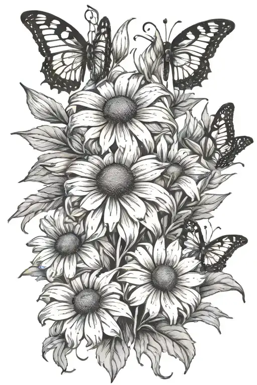 single black eyed Susan flower with 3 butterflies flying tattoo design idea
