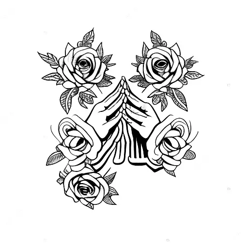  Praying hands with cross and roses tattoo design idea