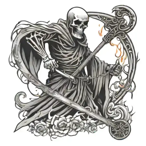 skeleton with tunic and scythe surrounded by flames, made with lines without fills tattoo design idea