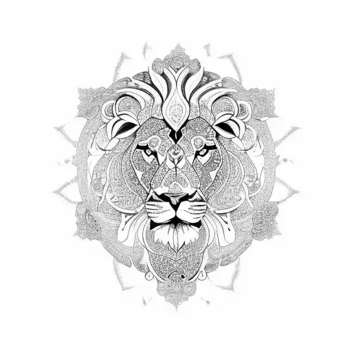 An intricate mandala with the silhouette of a lion in the center tattoo design idea