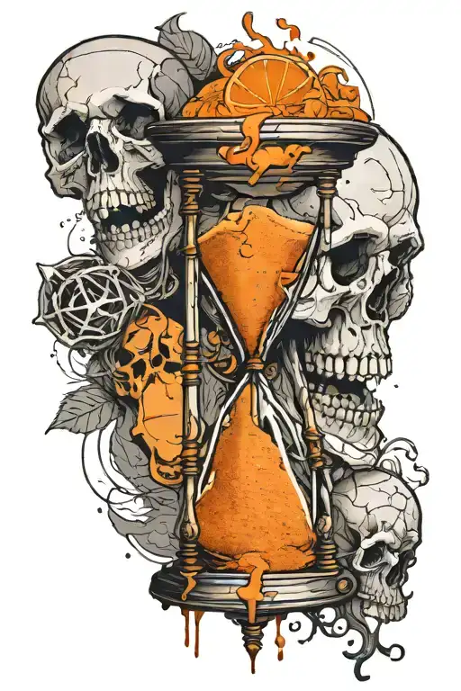 a cracked hourglass filled with orange sand and has a skull in it tattoo design idea